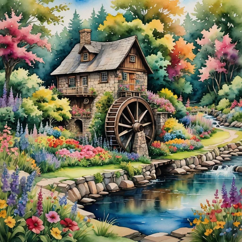Riverside Cottage with Flower Garden in Watercolor