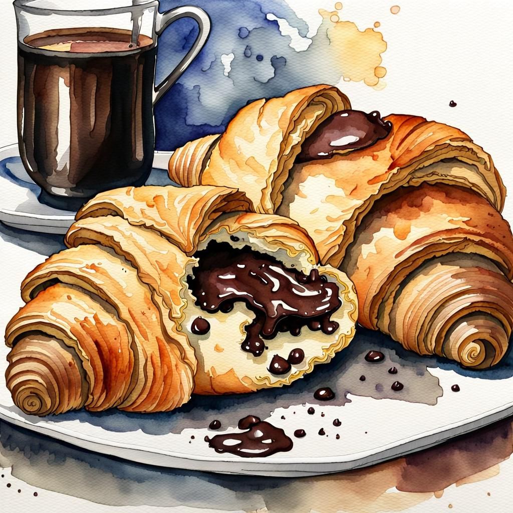 Chocolate Croissant in Ink Watercolor Style