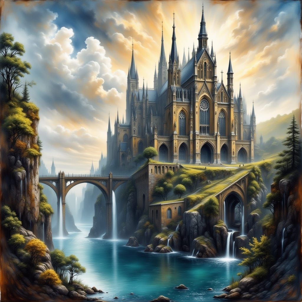 Gothic Cathedral on Dramatic Cliffs in Oil Painting Style