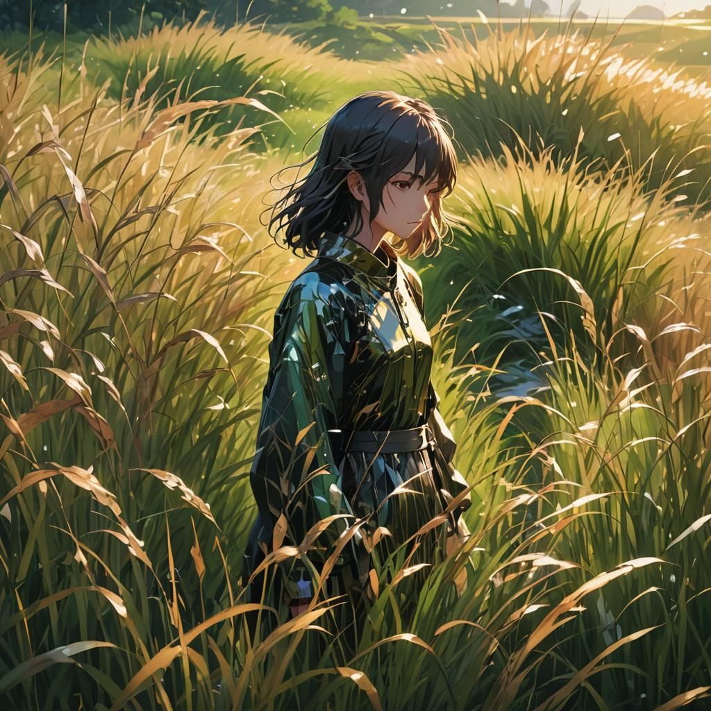 Lone Figure in Anime-Style Grassy Landscape
