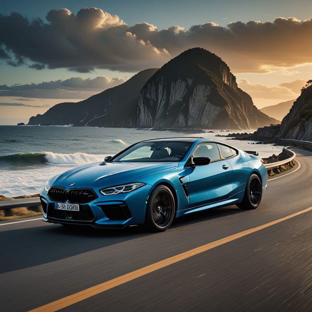 BMW M8 Competition in Marina Bay Blue Metallic at Sunrise