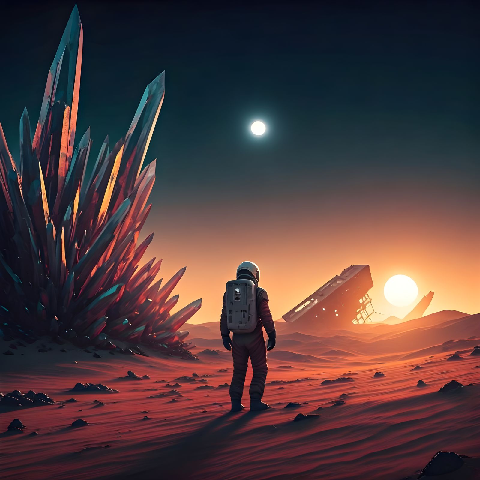 Astronaut on Alien Planet Gazing at Binary Sunset