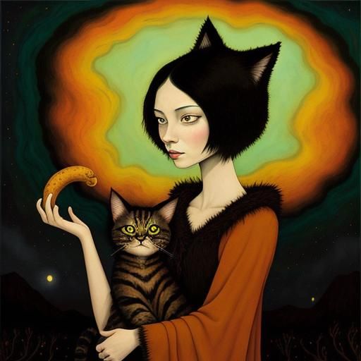 Dreamlike Cat-Woman in Art Brut Style