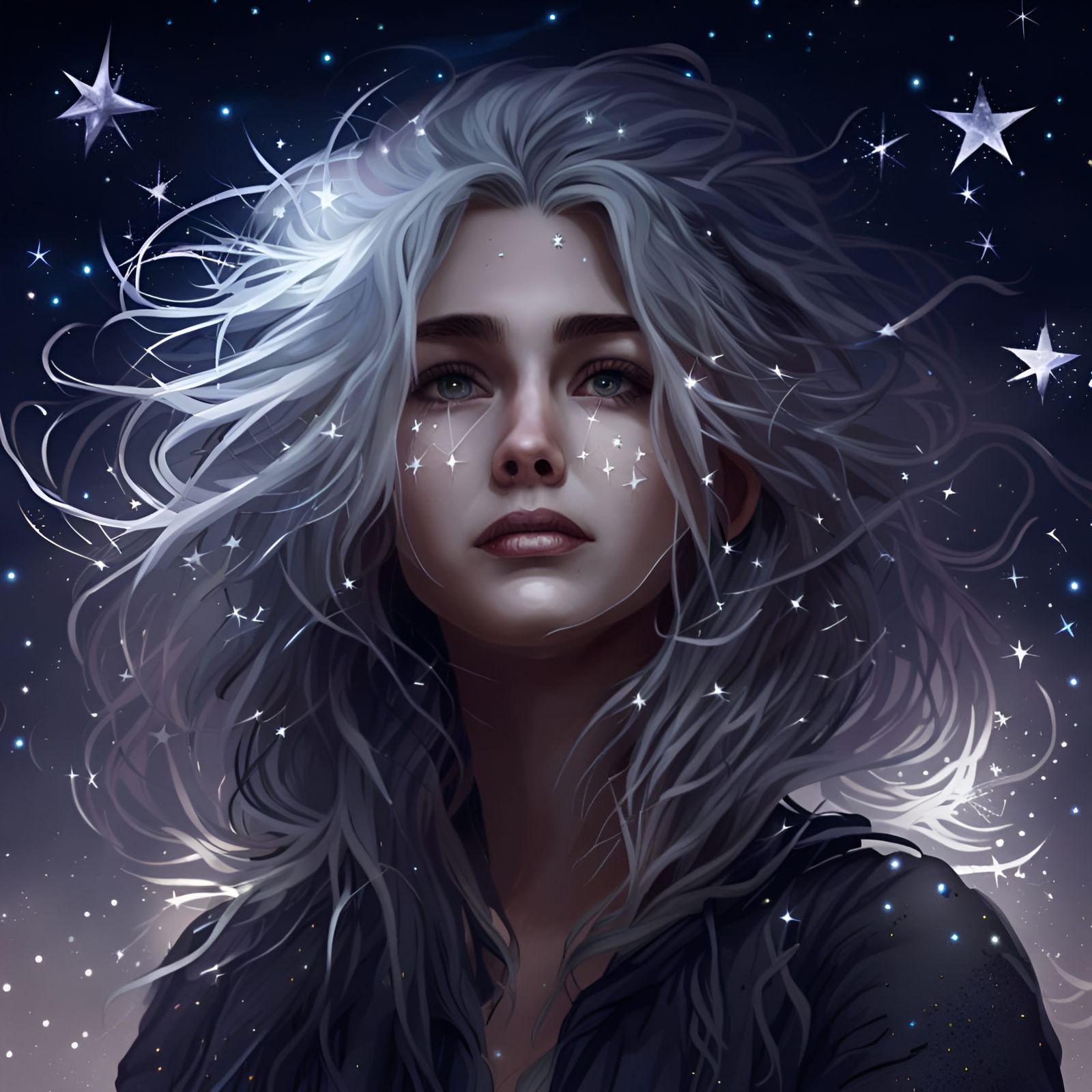 Silver Haired Girl Portrait in Starry Night