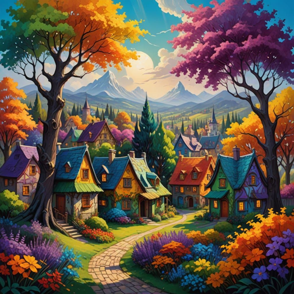 Whimsical Village Amidst Rainbow Trees