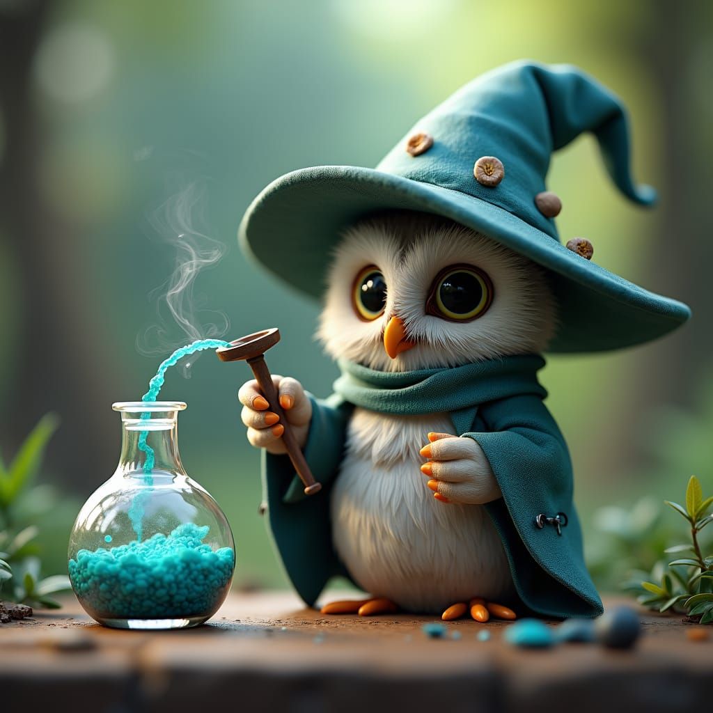 Tiny Owl Wizard Brewing a Potion