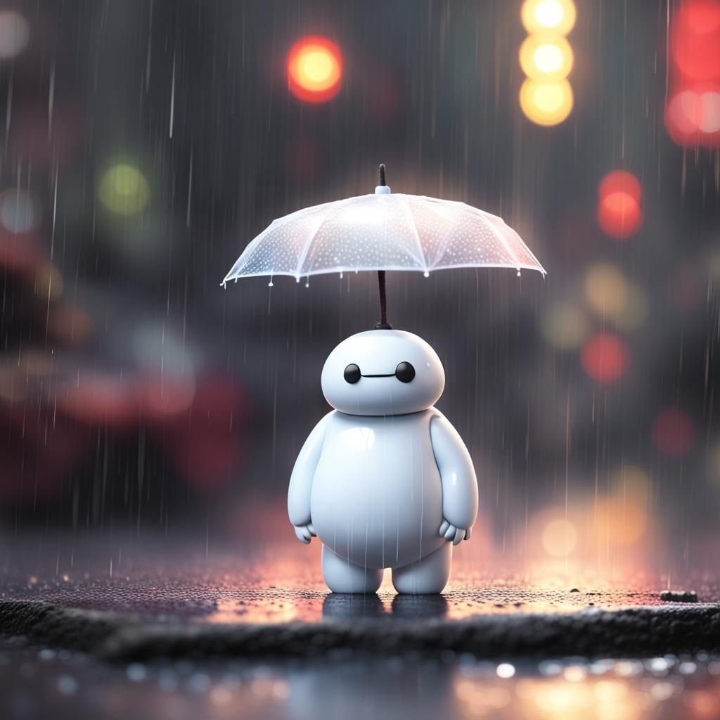 Adorable Baymax Joyfully Stands in the Rain