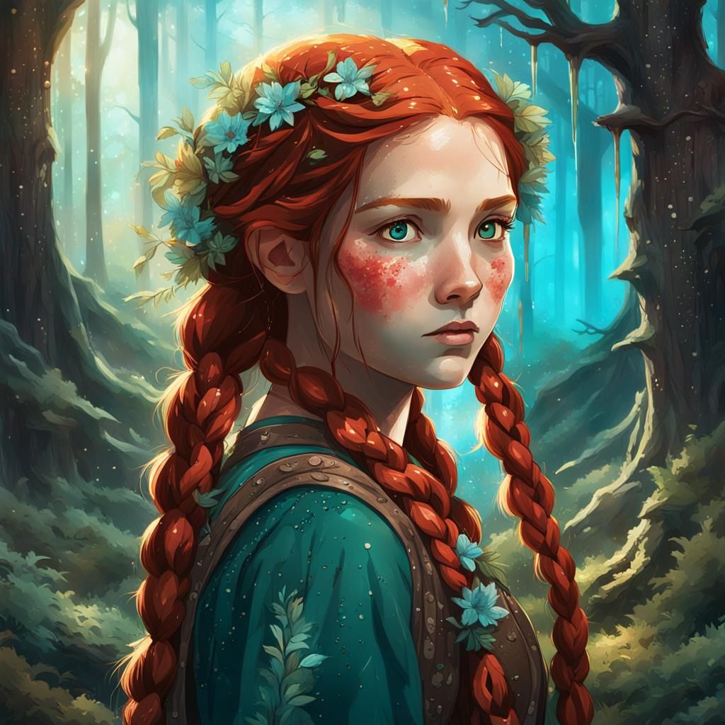 Fantasy Portrait of Red-Haired Girl in Forest