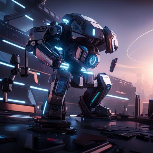 Futuristic Mech in Cinematic Sci-Fi Landscape