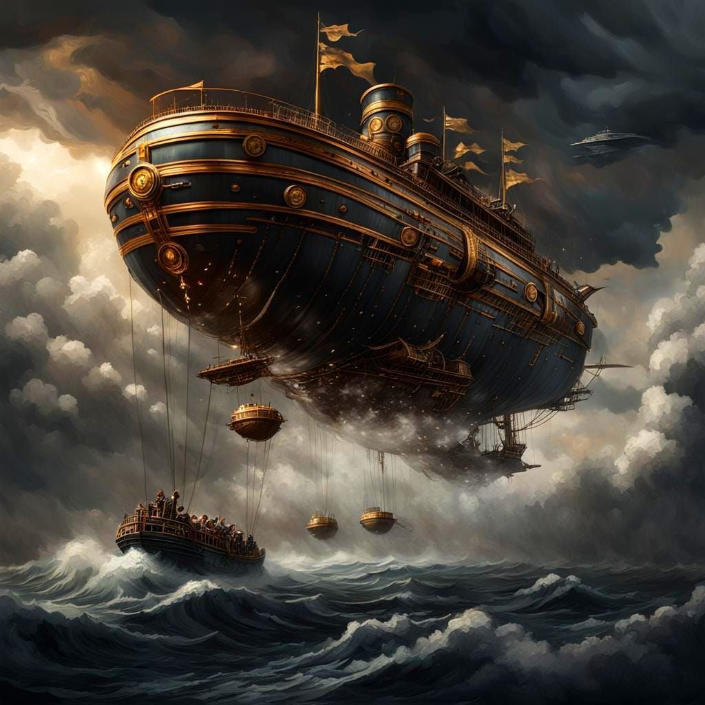 Steampunk Skyship Emerges from Storm Clouds