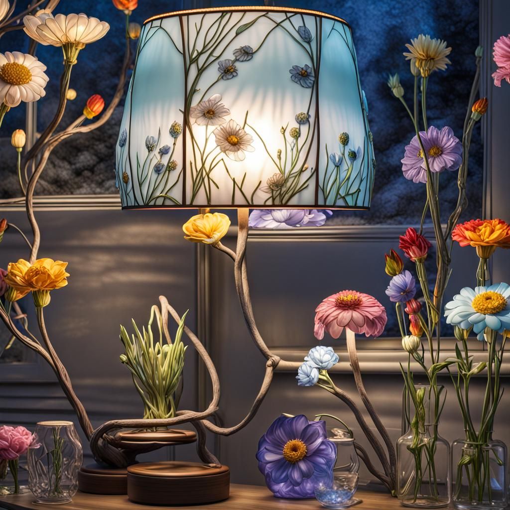 Resin Flower Lamp on Desk by Moonlight