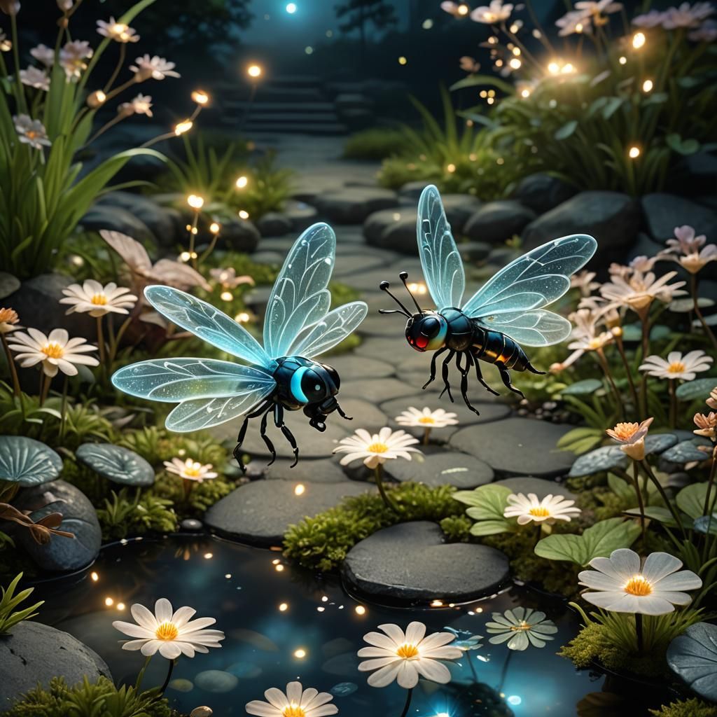 Magical Firefly in Bioluminescent Zen Garden