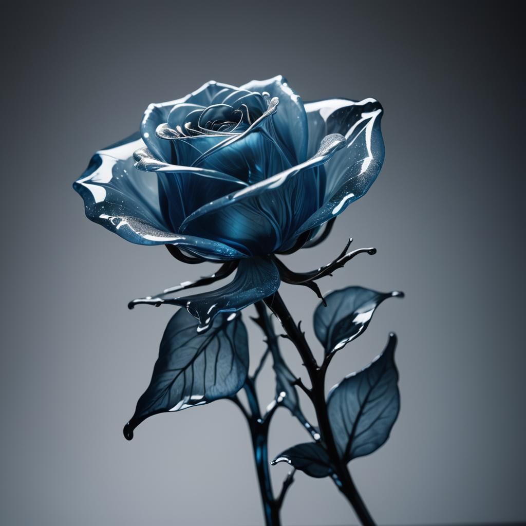 Delicate Blue Glass Rose Sculpture in Macro