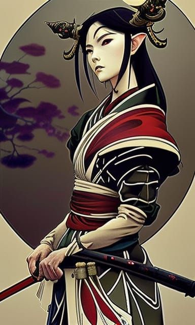 Female Samurai Elf Portrait in Anime Style
