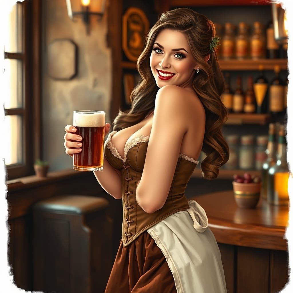 Flirtatious Tavern Server in Earth-Toned Corset