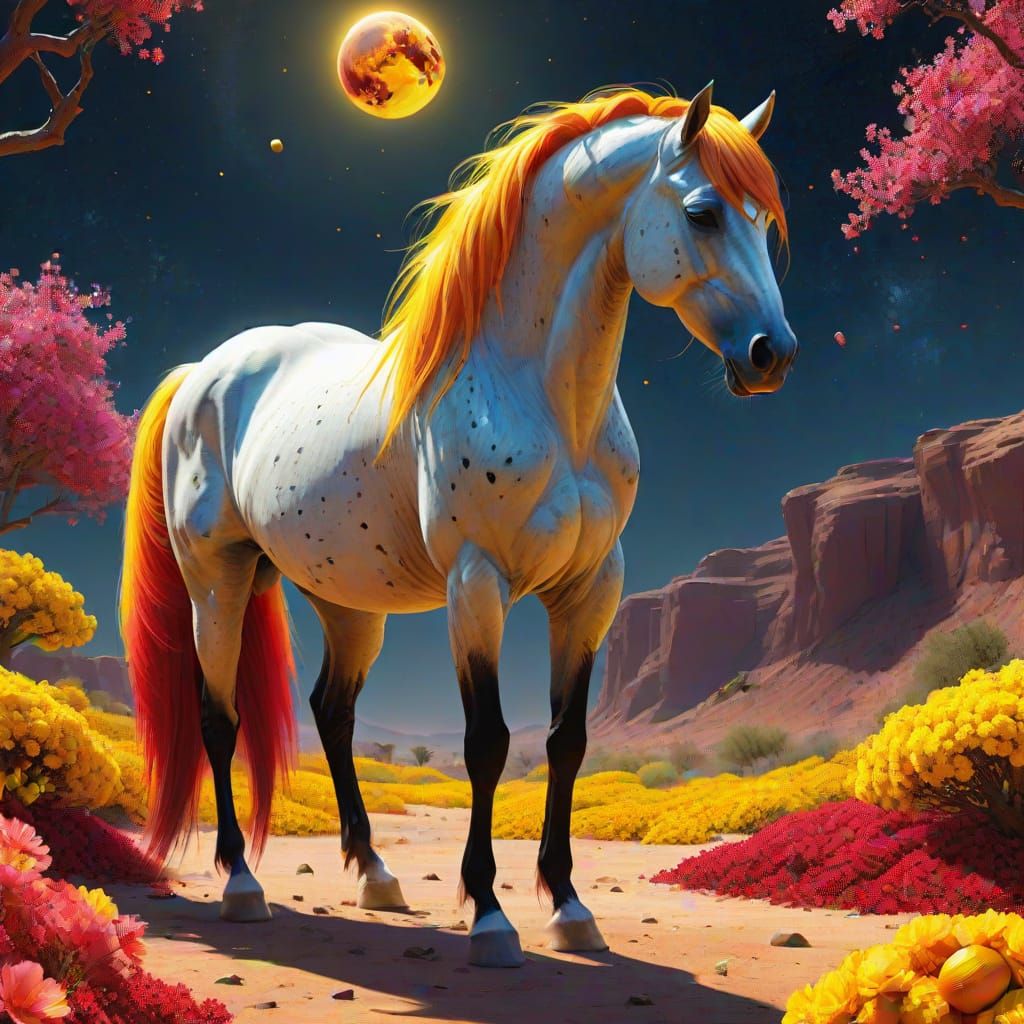 Arabian Stallion with Blossoms: Hyperrealistic Digital Art