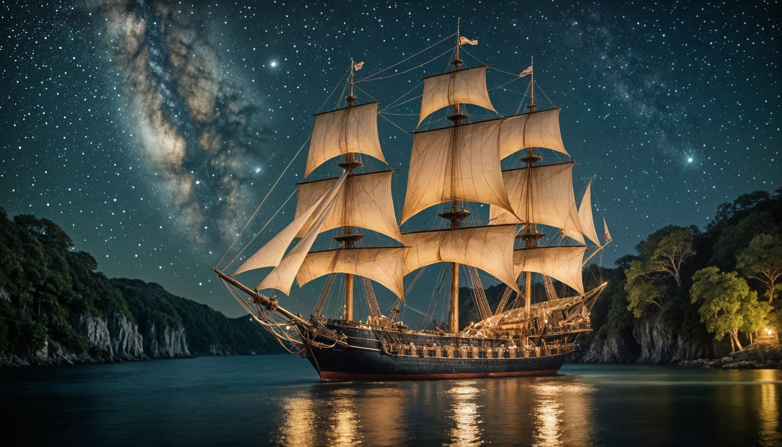 Galleon Under Stars with Elven Castle