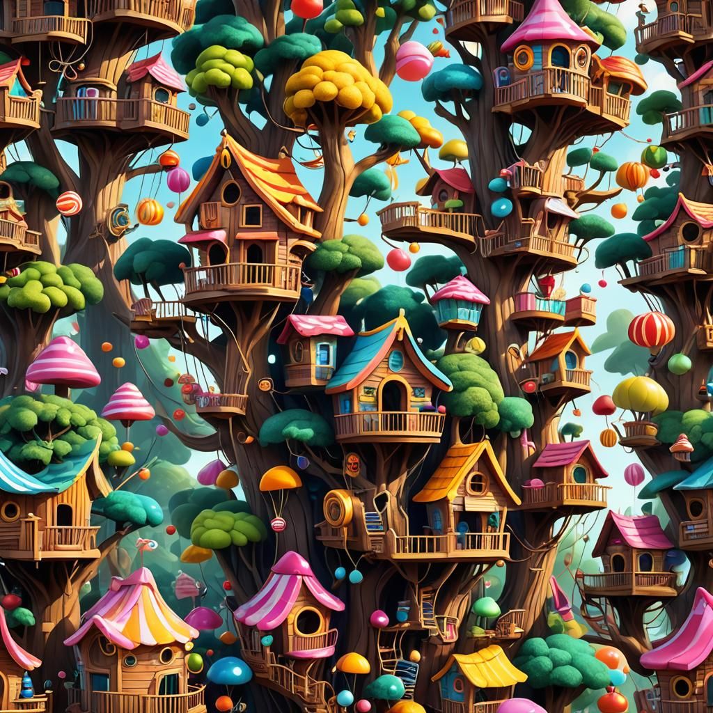 Whimsical Candy Treehouses in Digital Illustration
