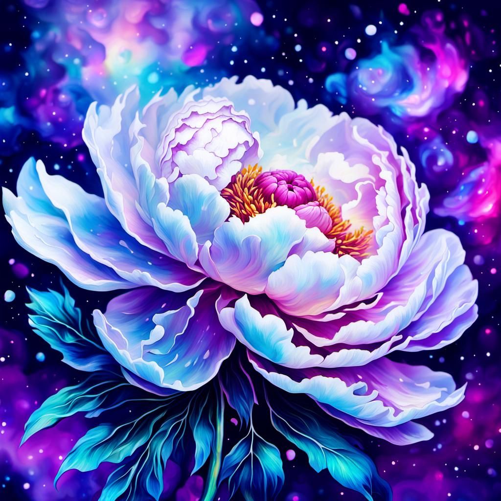 Iridescent white peony with pink splotches very detailed