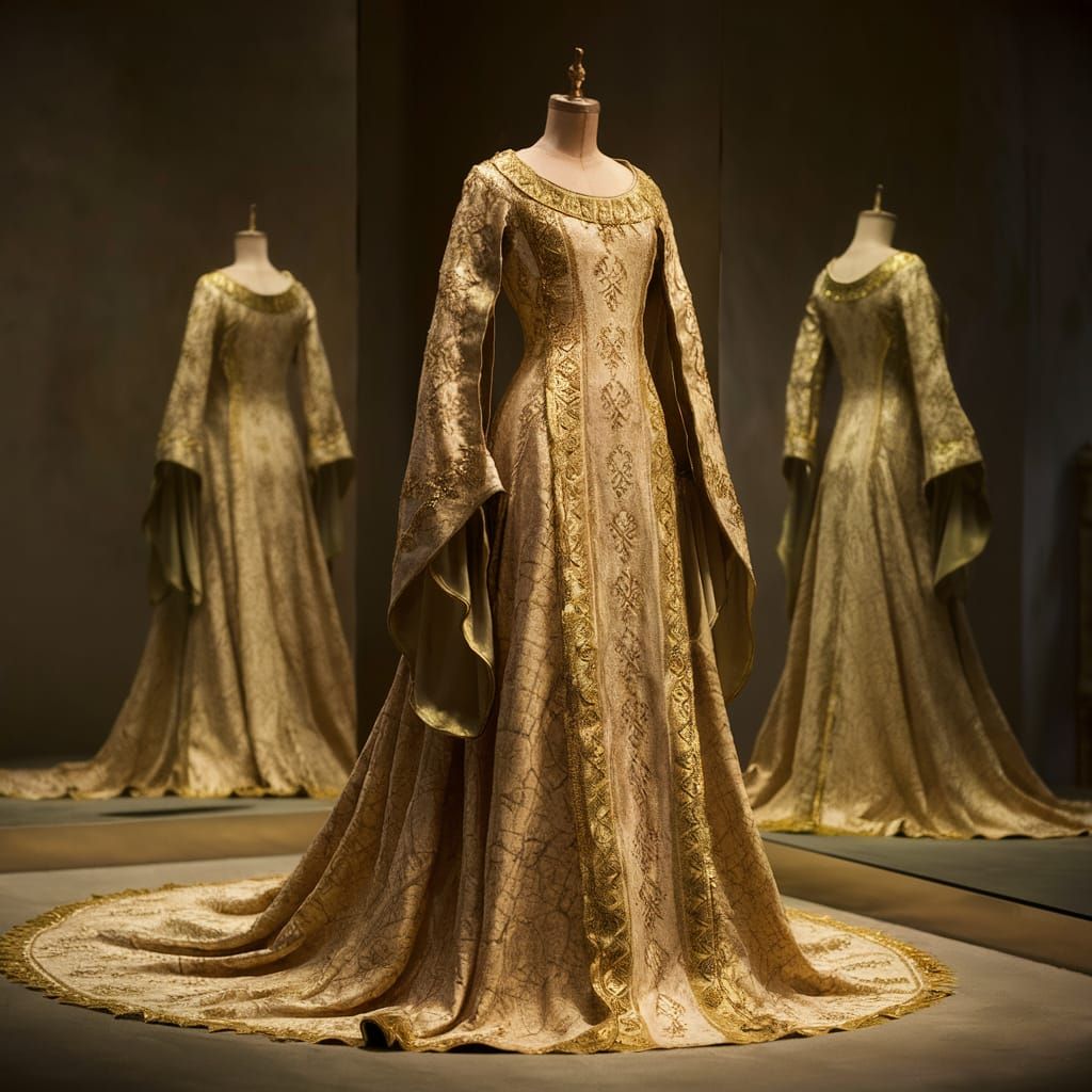 Golden Byzantine Gown on Dress Form in Elegant Medieval Styl...