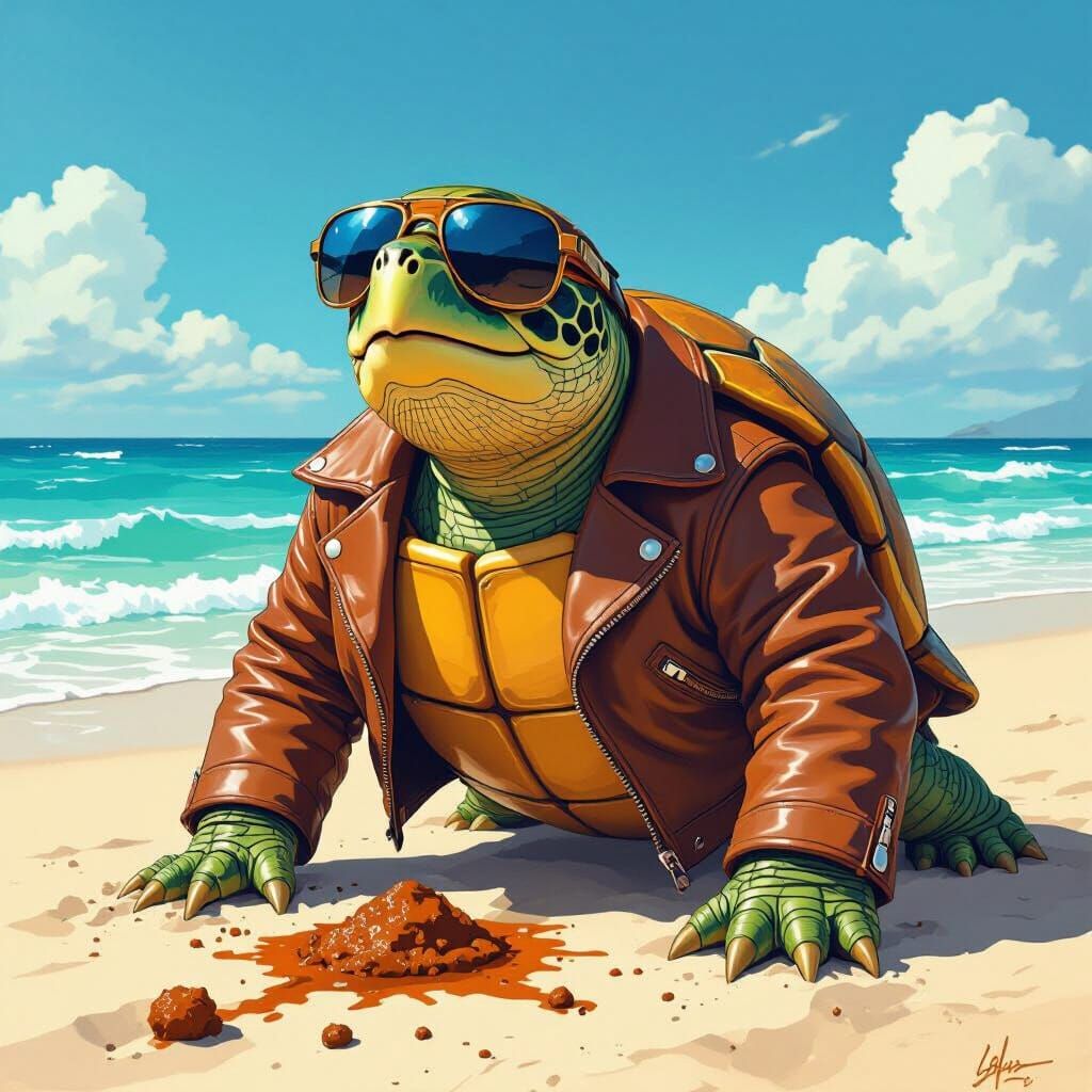 Turtle Defecating on Beach as Digital Concept Art