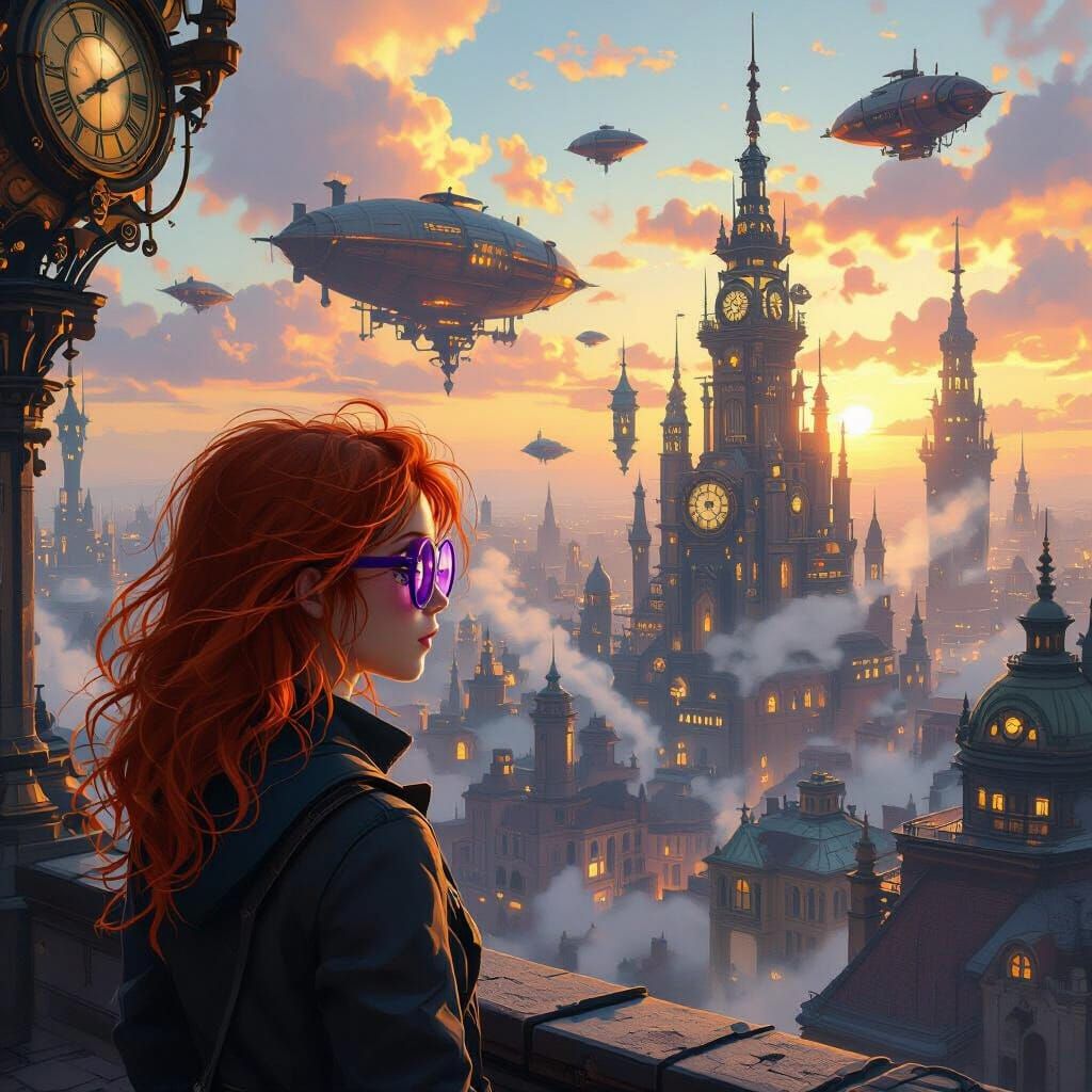 Steampunk Cityscape with Red-Haired Student, Digital Art