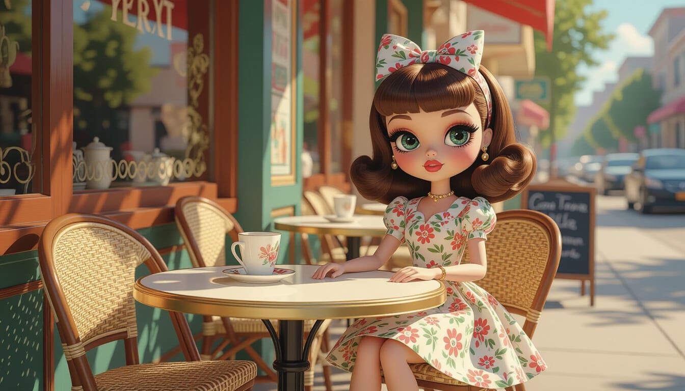 1950s Bratz Doll at Sidewalk Cafe in Detailed Illustration S...