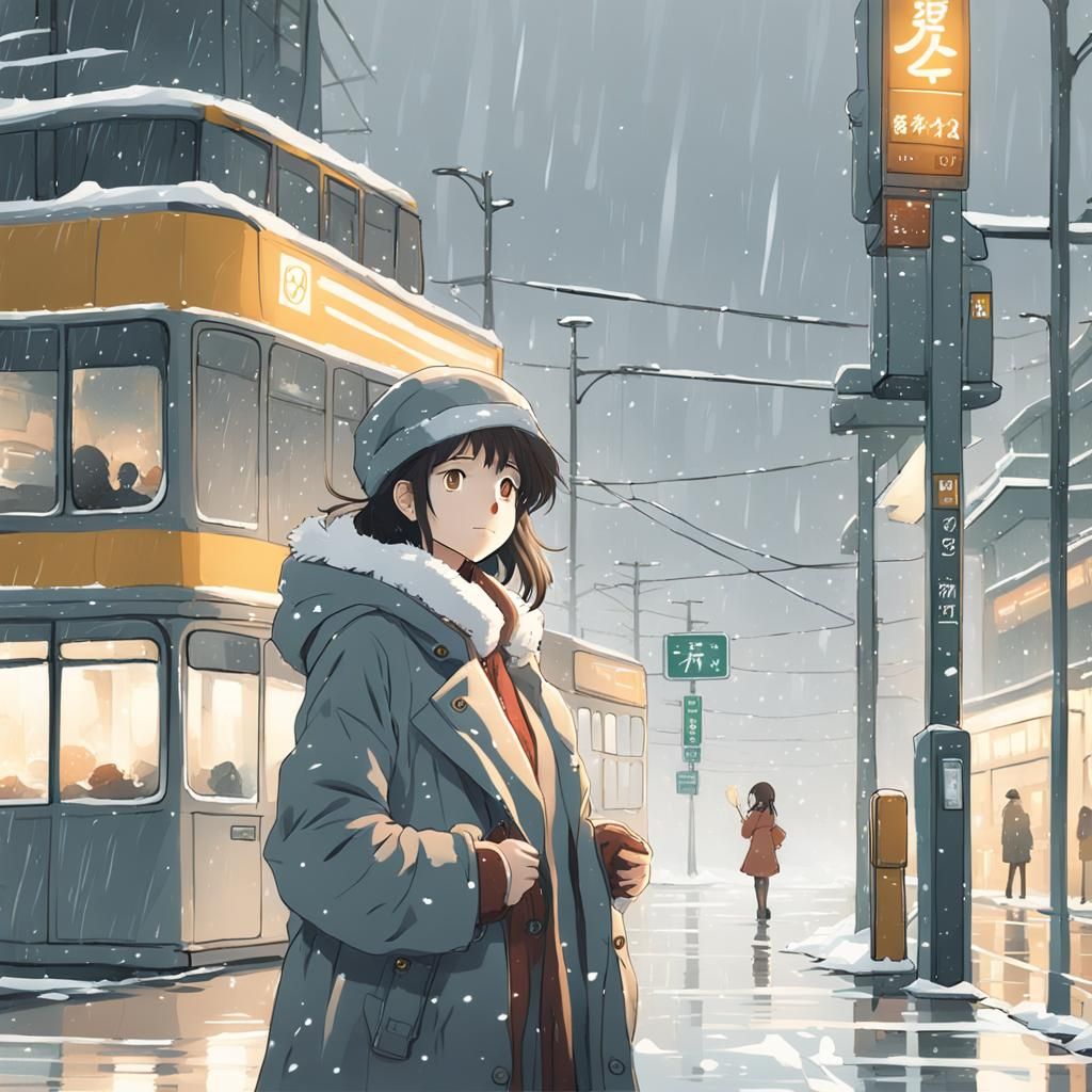 Girl at Bus Stop in Ghibli Anime Style