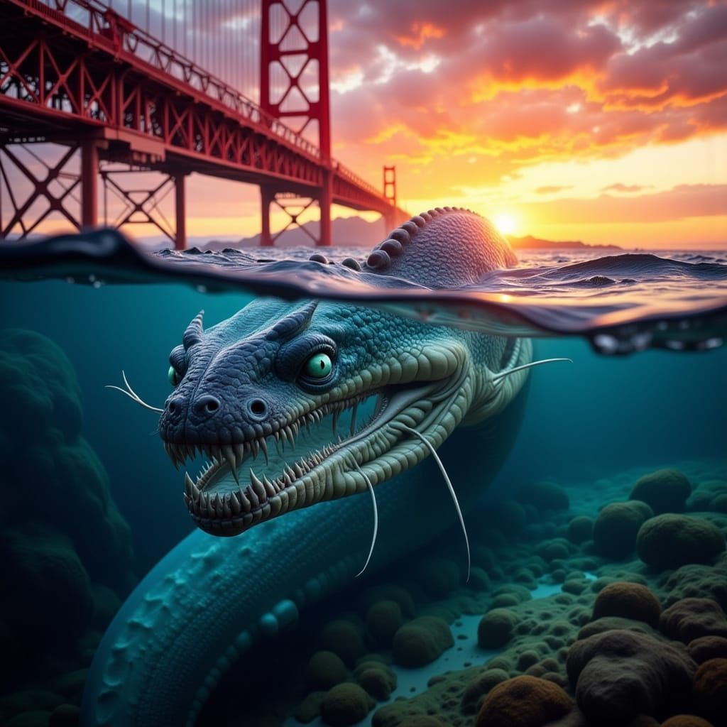 Hyper-Detailed Sea Serpent Under Bay Bridge at Sunrise