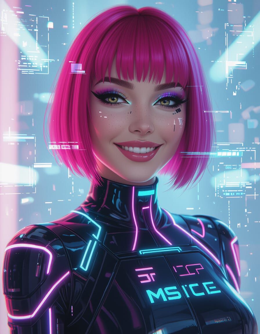 Neon Pink Bob Hair Woman Portrait in Cyberpunk Style