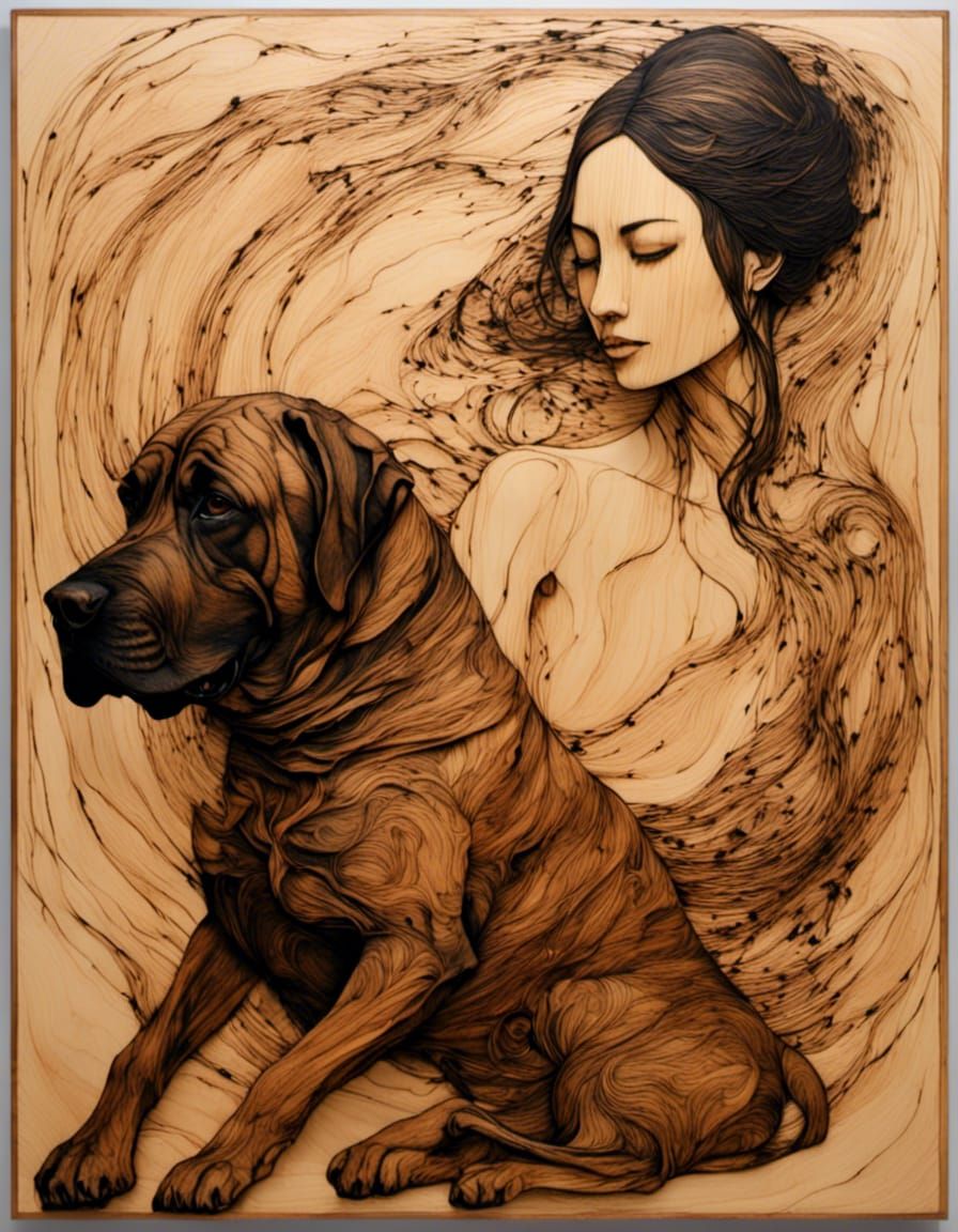Minimalist Pyrography Portrait of Woman and Dog