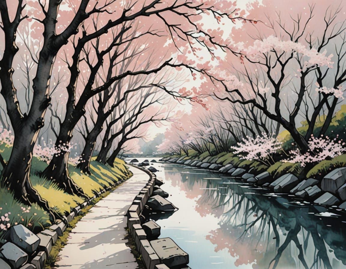 Cherry Blossom Riverside Path in Watercolor Style
