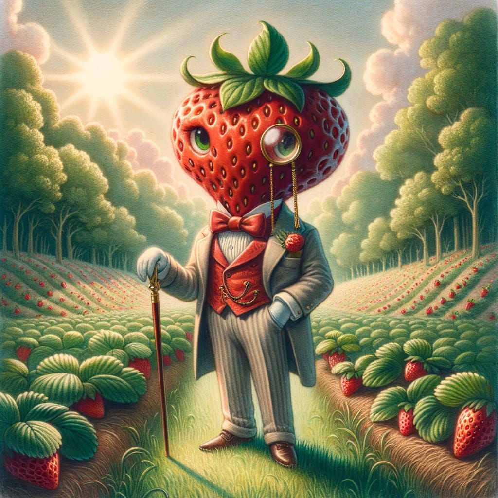 Dapper Strawberry Gentleman in a Field, Watercolor Illustrat...