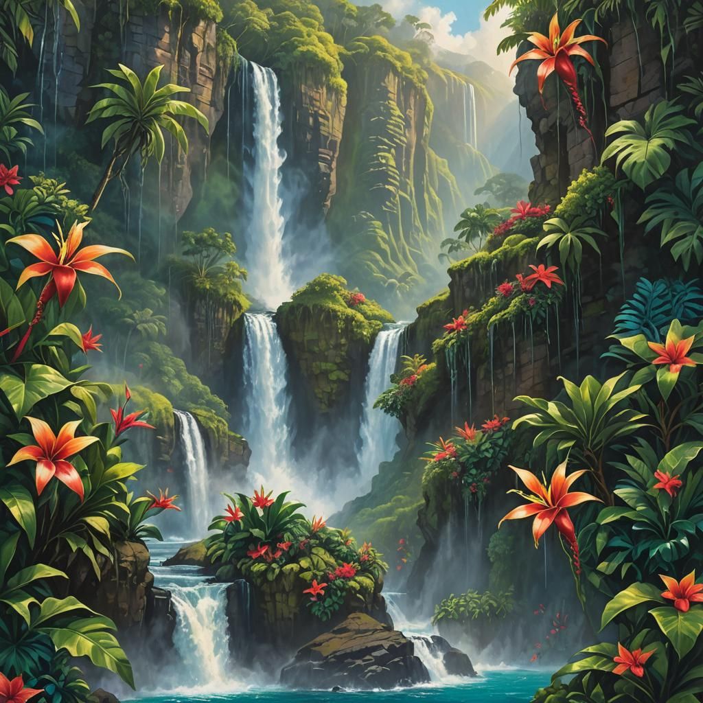 Lush Hawaiian Waterfall with Cliff Diver