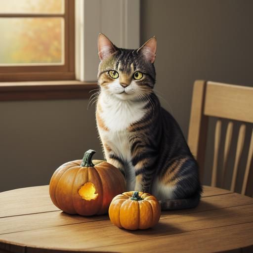 Whimsical Watercolor Cat Enjoys Autumn Pumpkin