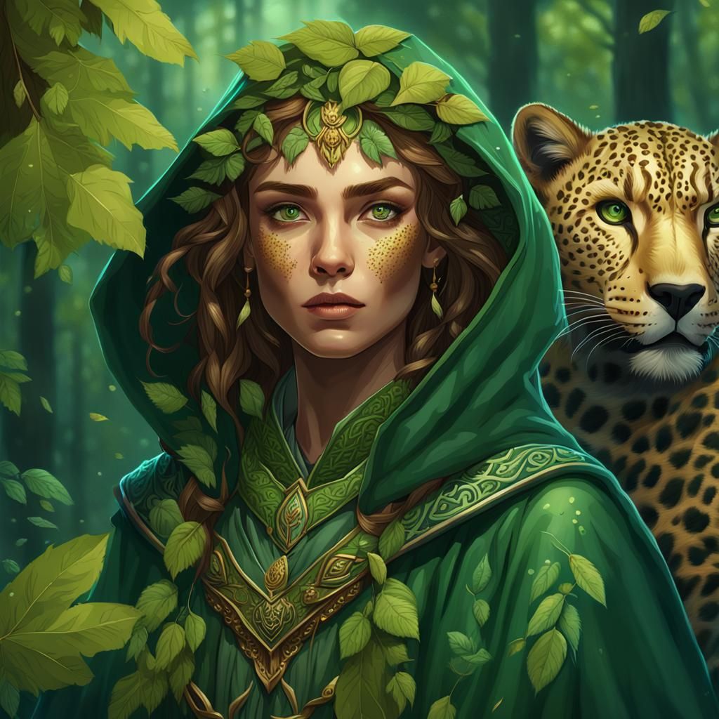 Forest Druid with Leopard in Magical Forest