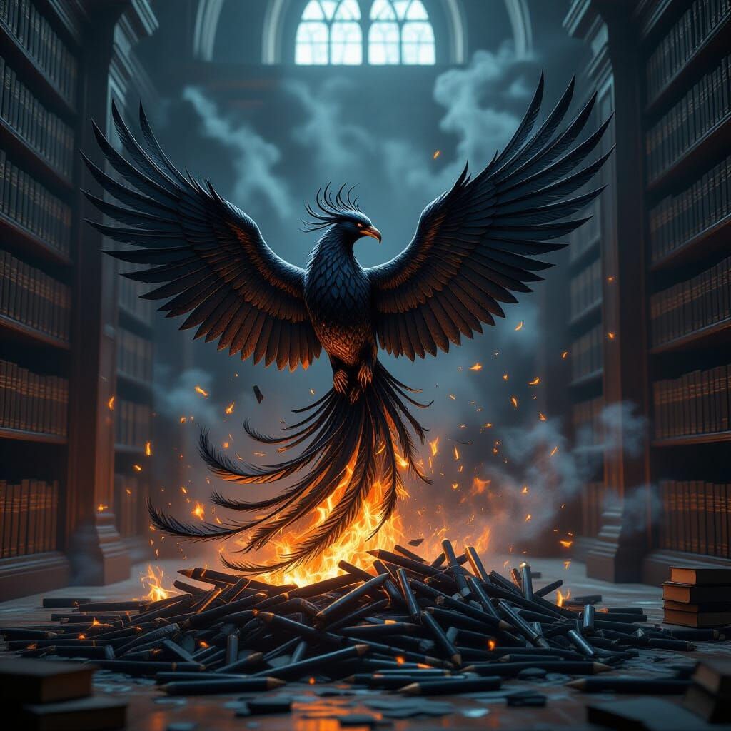 Phoenix Rises From Pencils in Dark Fantasy Oil Painting Styl...