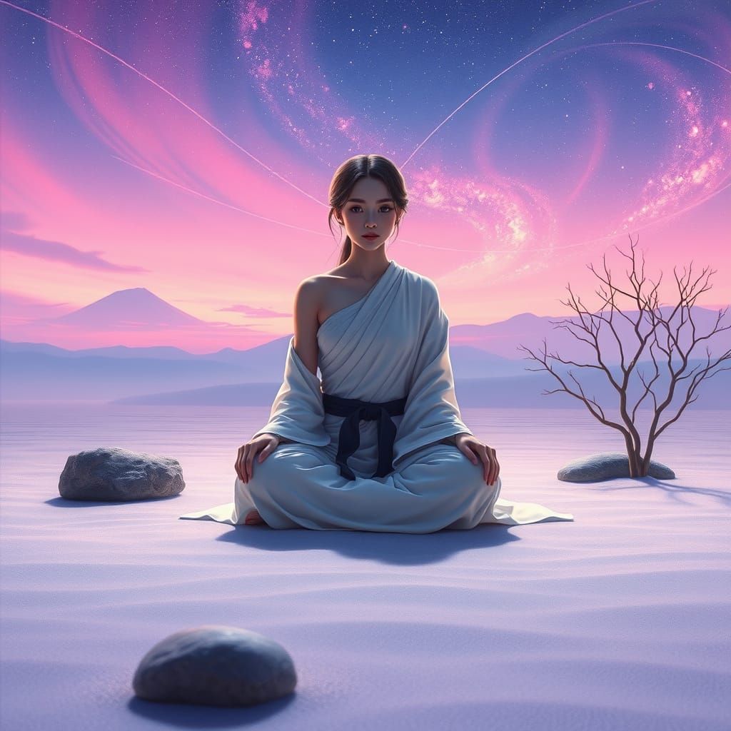 Goddess in Zen Garden with Atmospheric Lighting