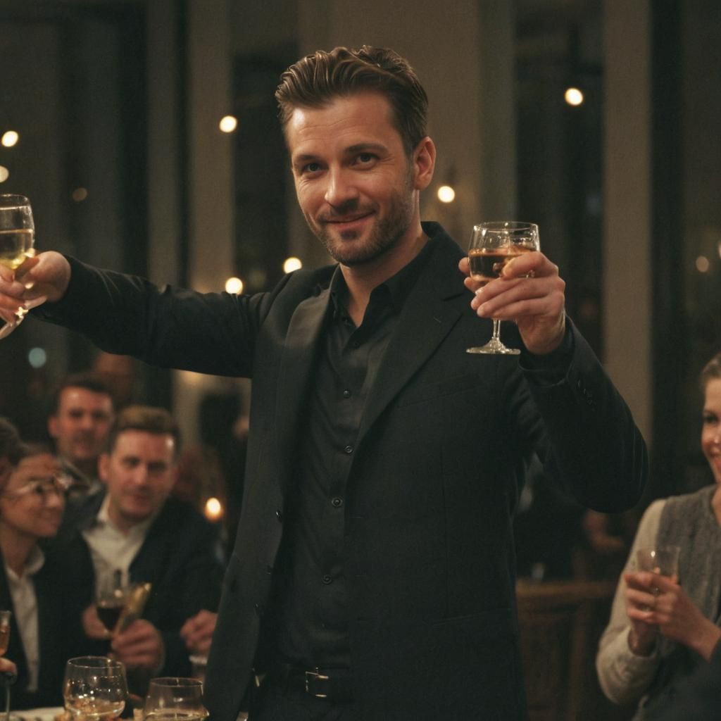 Man in Black Jacket Raises Glass in Celebration