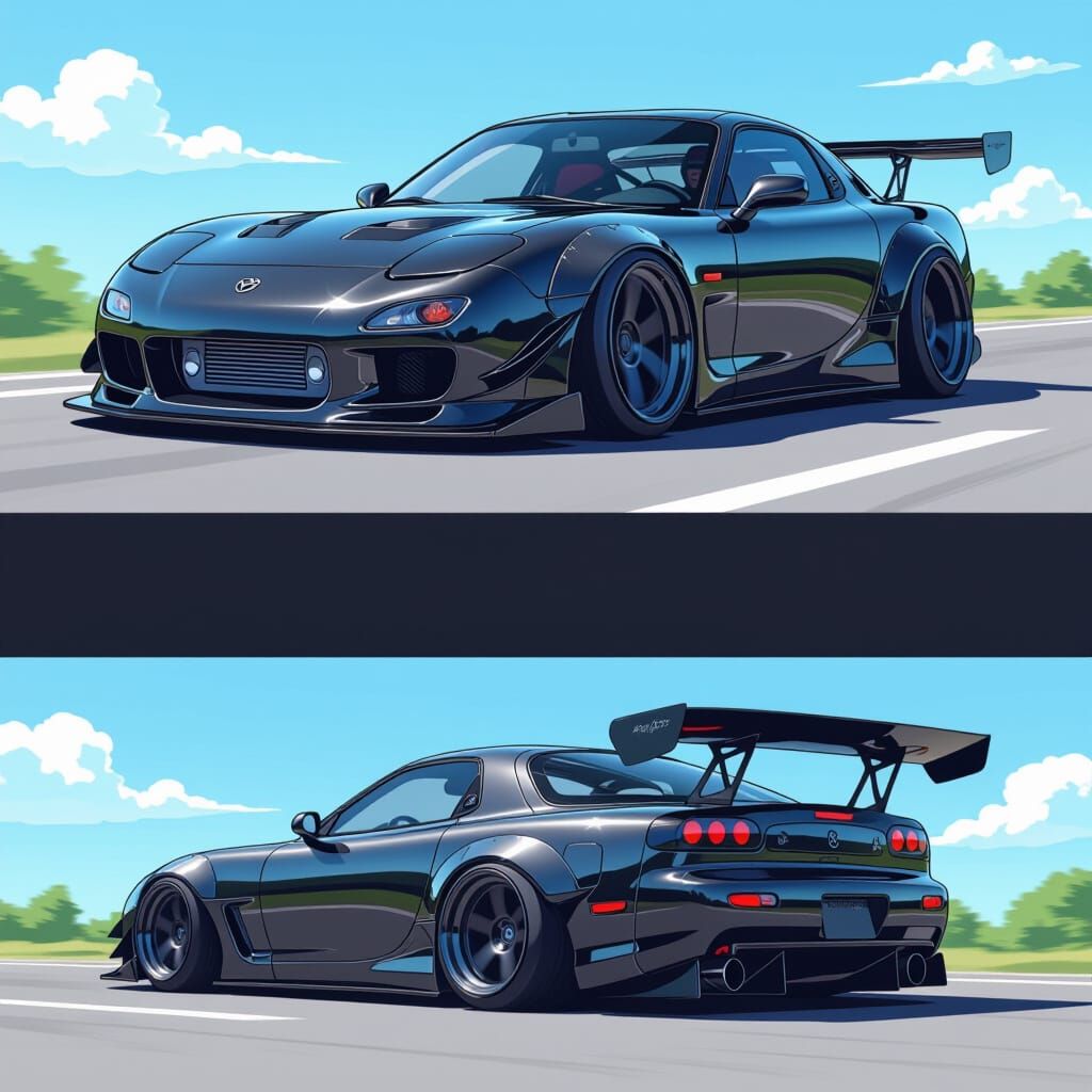Cartoon RX-7 with Body Kit and Spoiler in Sunny Weather