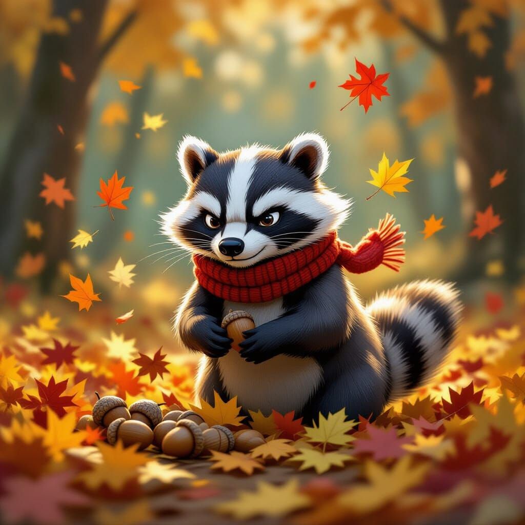 Grumpy Badger in Scarf Gathers Acorns in Autumn Forest