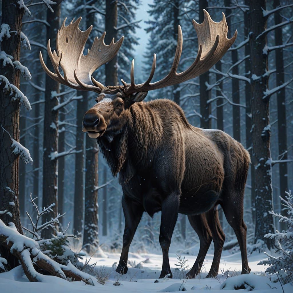 Majestic Bull Moose in Snowy Forest Concept Art