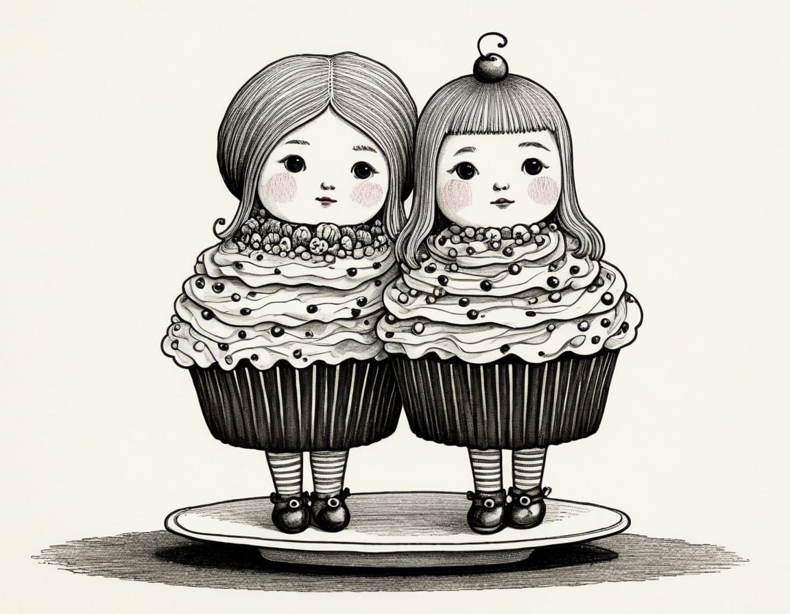 Gorey-esque Kawaii Cupcake Sisters Illustration