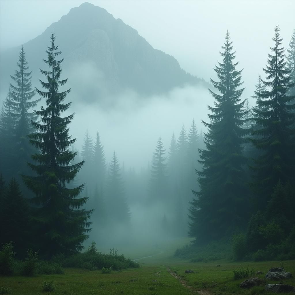 Misty Swiss Alps Forest in Dreamy Style
