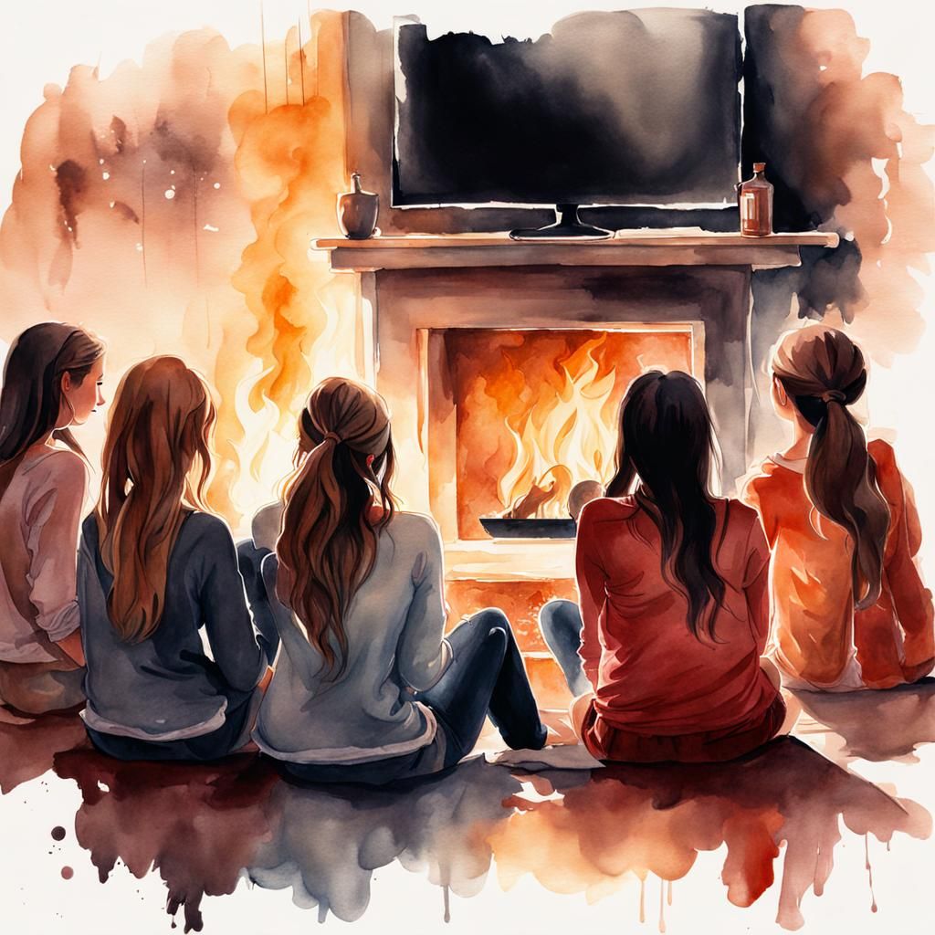 Girls' Movie Night by Fireplace, Watercolor Concept Art