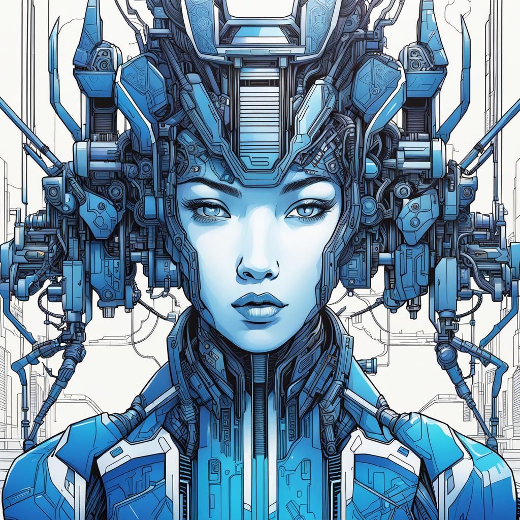 Asian Woman Mecha in Futuristic Metropolis Line Art