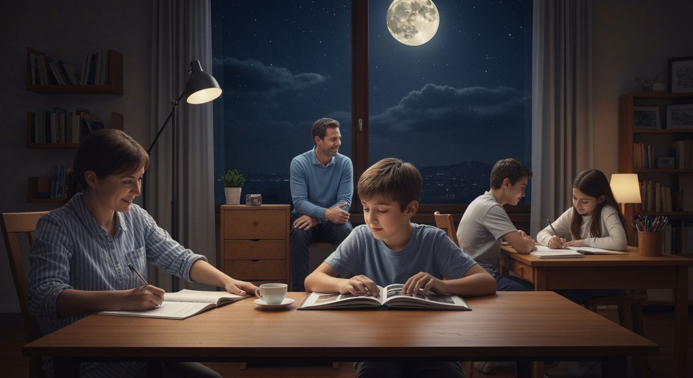 Family Evening Under Starry Sky, Full Moon Rises