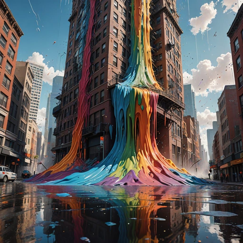 Vibrant Cityscape of a Towering Skyscraper in Collapse