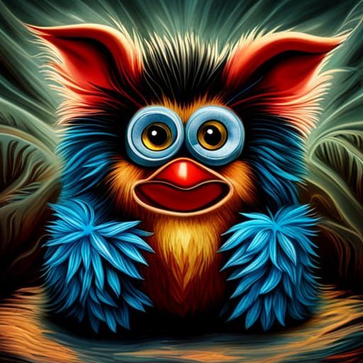 Evil Furby toy of the 1990's, blue, haunted, scary, lots of teeth, intricately detailed, Splash art background hyperreal...