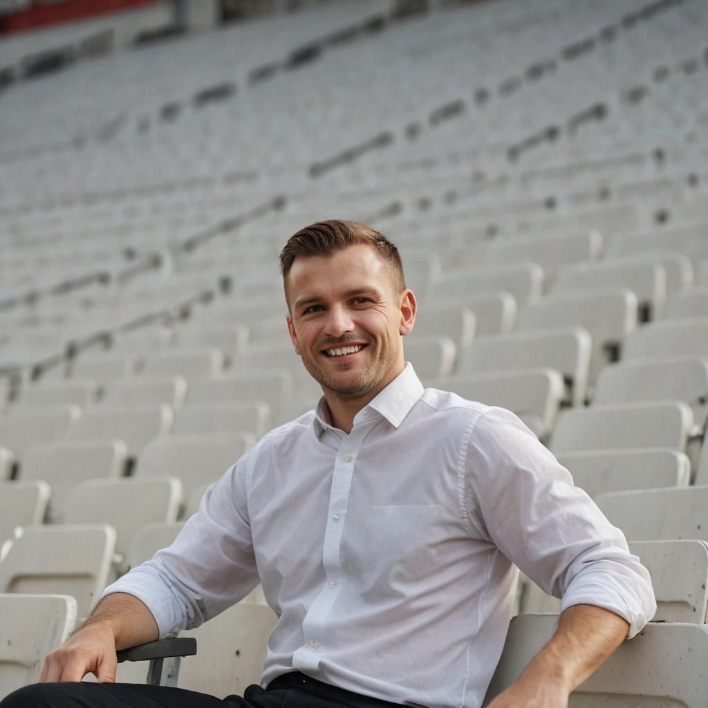Joyful Slavic Man in Stadium: Photorealistic Portrait